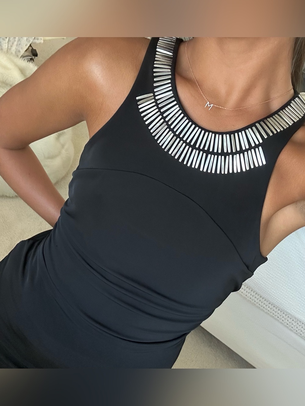 Black Embellished Neckline Women's Top